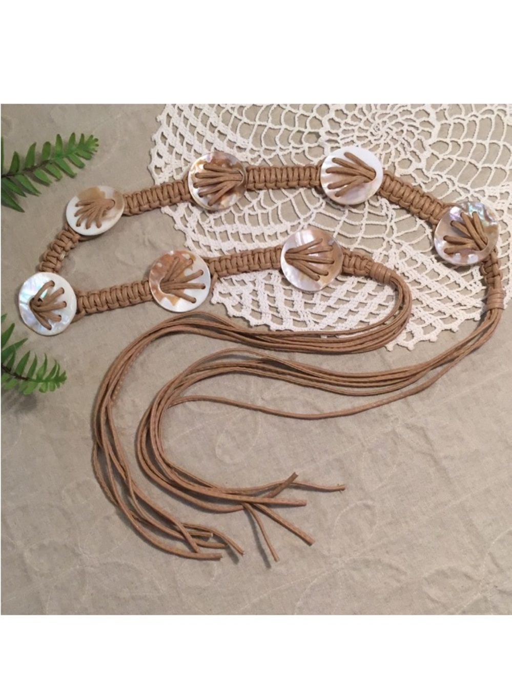 Vintage Shell Medallion Tie Belt With Long Fringe Ends